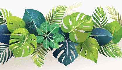 various tropical leaves, including large split-leaf Monstera and feathery palm fronds