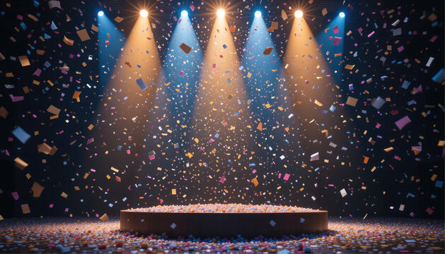 Fiber optics background with lots of light spots with podium