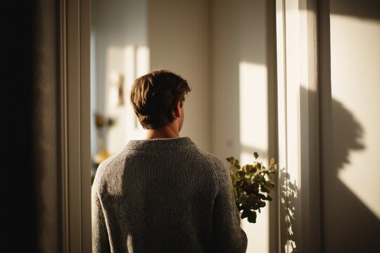 Man in soft gray knit sweater, holding small potted plant, walking through open doorway to new apartment