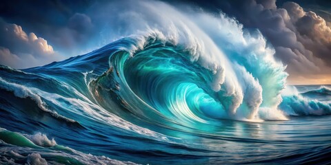 A Majestic Ocean Wave Breaks, Showing a Breathtaking Display of Power and Grace Under a Dramatic Sky