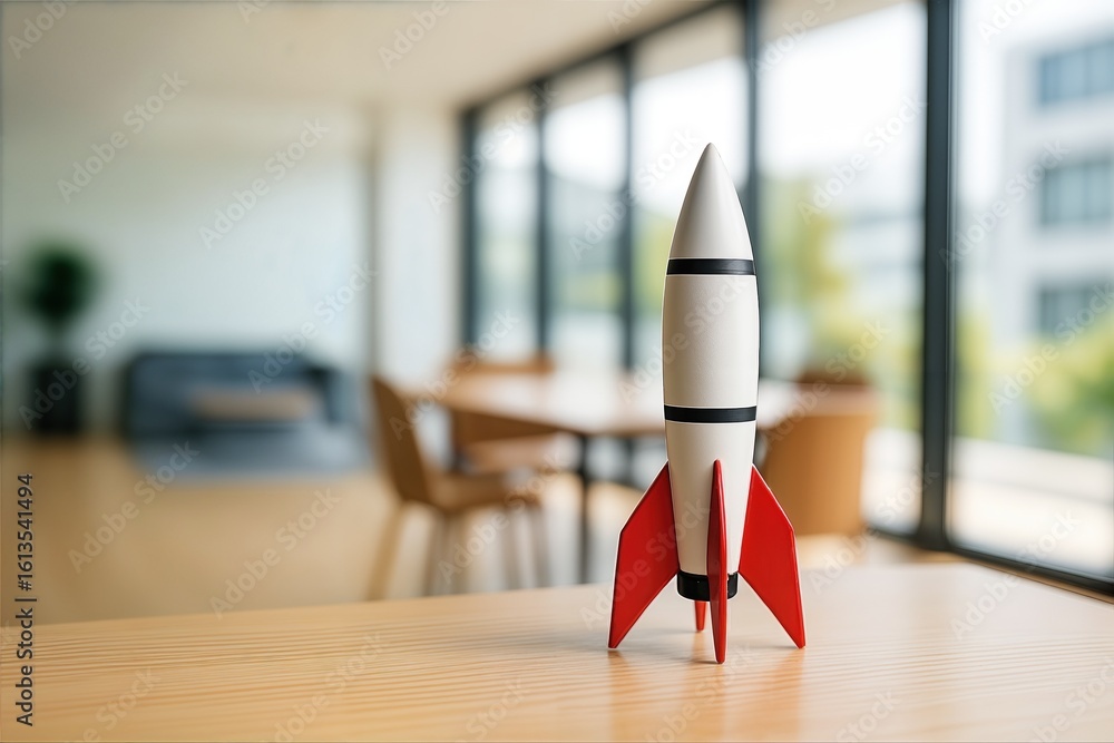Aufkleber model rocket on office desk with blurred modern background and bright natural light creating a profe