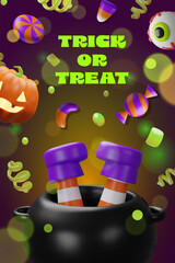 A fun and whimsical 3D Halloween illustration featuring a witch legs sticking out of a bubbling black cauldron. Halloween posters, party invitations, or seasonal decoration with a magical twist.