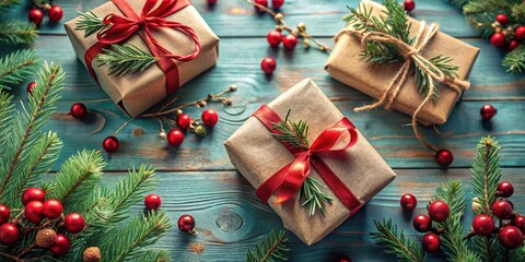 Rustic Christmas Presents Decorated with Evergreen and Red Ribbon on Weathered Wooden Surface