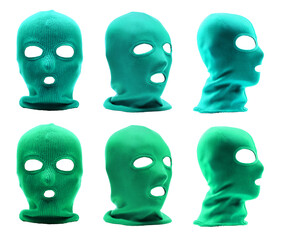 2 sets classic knit knitted woven cuffed wool ribbed fleece turquoise blue green balaclava face ski mask headgear, front side view on transparent cutout PNG file. Mockup template for artwork design