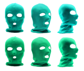 2 sets classic knit knitted woven cuffed wool ribbed fleece turquoise blue green balaclava face ski mask headgear, front side view on transparent cutout PNG file. Mockup template for artwork design