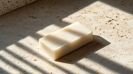 White soap bar resting on stone with soft natural shadows around it