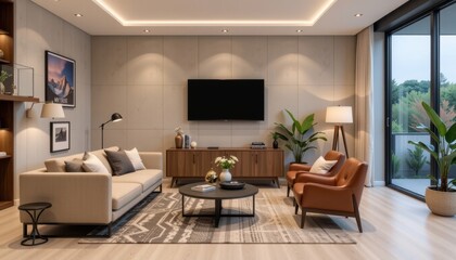 Fototapeta premium a professional smart home setup with embedded biometric access control units, with industrial concrete textures and smart accents, used for startup pitch decks in smart living sectors.