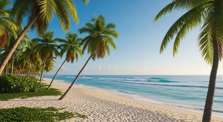 Serene tropical paradise unfolds with swaying palm trees lining a pristine sandy beach and gentle turquoise waves lapping the shore under a clear blue sky.