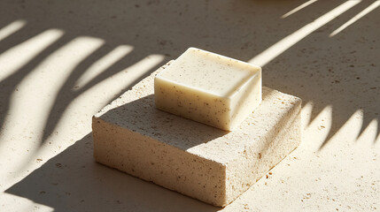 White soap bar resting on stone with soft natural shadows around it
