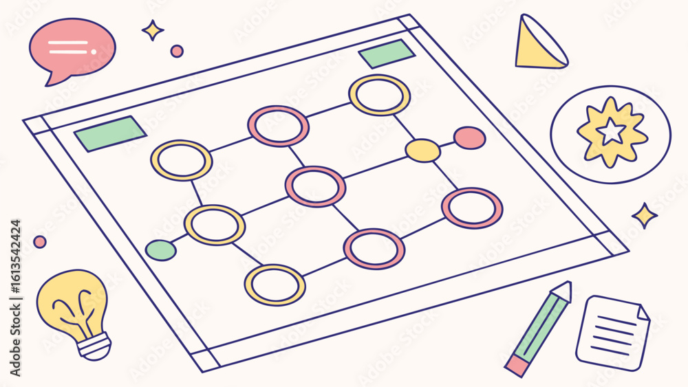 Poster illustration of a network diagram with circles and lines on a sheet of paper with icons around it