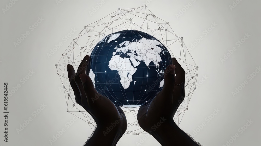 Poster hands holding a globe surrounded by a network of interconnected lines and points in silhouette