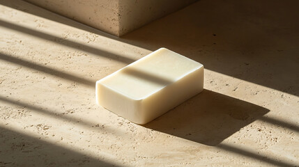White soap bar resting on stone with soft natural shadows around it