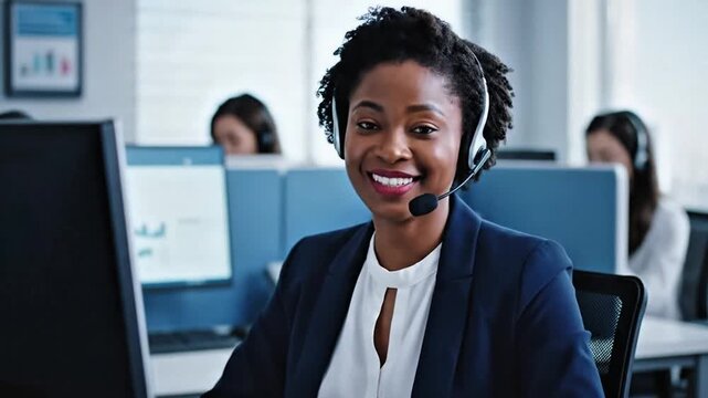 Professional Black Woman Customer Service Representative Talking on Headset in Modern Office Environment, customer service, call center, headset, microphone, talking, speaking, explaining, professiona