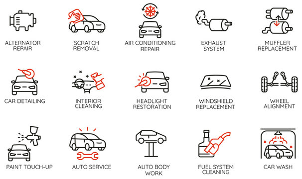 Vector set of linear icons related to automotive service, car repair, maintenance, engine diagnostics for websites, mobile apps, infographics, car service, garages - part 2