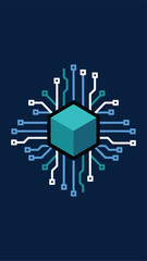 A futuristic microchip with interconnected circuits and a cube