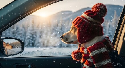 Cute and happy dog looking out of the window of a car running on a beach road wearing an American flag hat and sunglasses summer vacation animal lover design Independence da 4th of july patriotic
