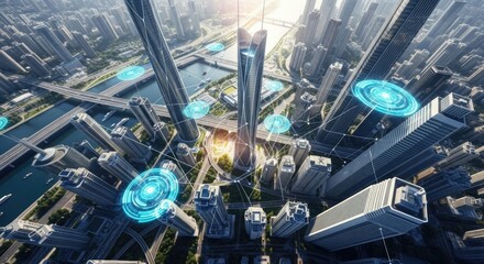 Dynamic smart city skyline pulsates with futuristic digital network connections and glowing data points, representing global innovation and connectivity.