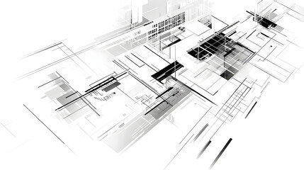 Abstract architectural design with intersecting lines and shapes.  Layered, geometric structures in grayscale against a white background