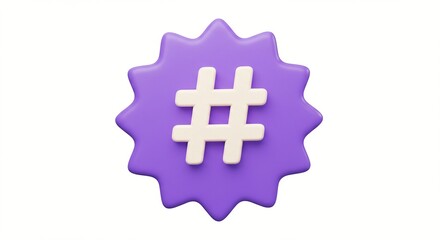 A white number sign symbol pops against a lavender starburst, embodying digital connectivity and a popular way to categorize content.