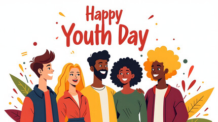 Diverse group of young people celebrating happy youth day with vibrant colors and festive elements