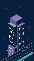 A modern city skyline at night with stars in the sky