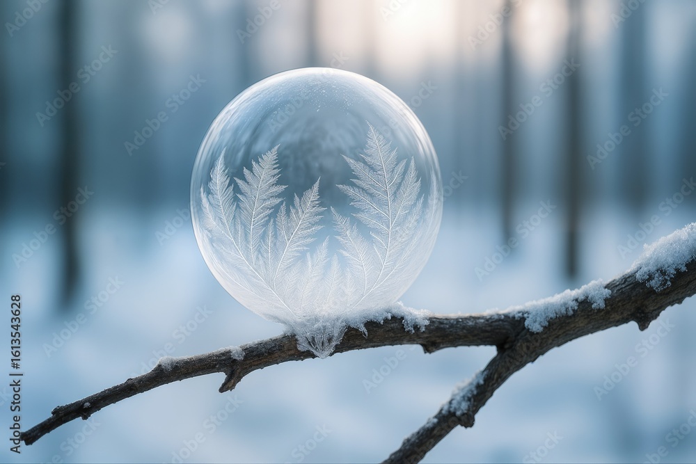Poster frozen bubble with intricate frost patterns on snowy branch in winter forest captures delicate cold 