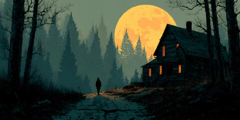 Silhouette figure walks along path toward haunted house at night. Creepy house with lit windows under big moon. Spooky atmosphere in foggy forest. Retro 80s horror movie poster design. Nostalgic,