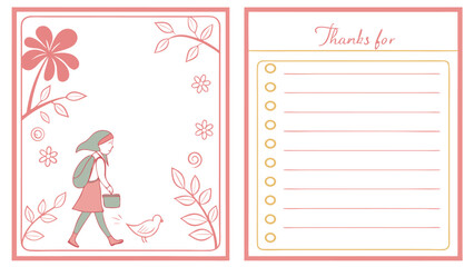 Illustration of a girl with a backpack and lunchbox walking with a bird next to a thanks for list card