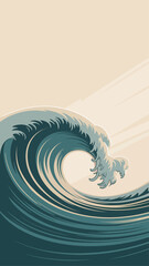 A powerful ocean wave crests in vintage style