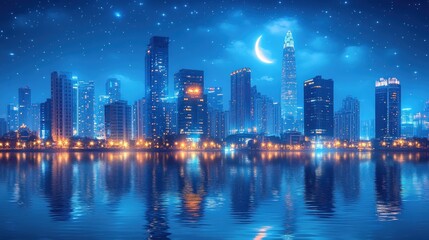 Fototapeta premium Night city skyline reflecting on water under a starry sky