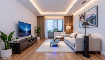 Fototapeta premium a professional smart home setup with robotic cleaning systems on standby, with high tech futuristic aesthetics, featured in digital twin property demos.