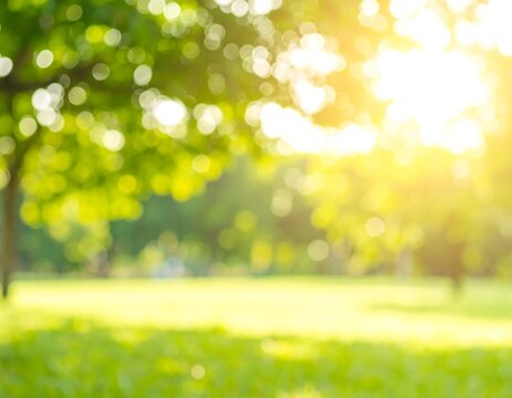 Blurry park scene, sunlit greens