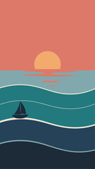A sailboat sails on the ocean at sunset