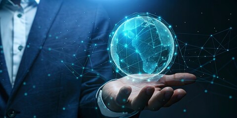 Businessman holding a glowing digital globe with network connections