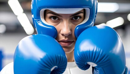 Intense portrait of a female boxer wearing blue protective headgear and gloves, looking directly at the viewer with a determined expression.
