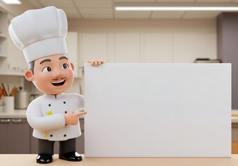 chef pointing a big blank whiteboard or placard, cartoon 3D illustration, isolated on white background