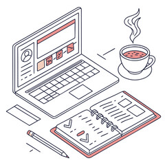 Isometric view of a laptop with a profile page, a notebook, a pencil, and a cup of coffee with steam
