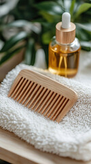 Wooden hair comb and hair oil bottle resting on soft neutral towel