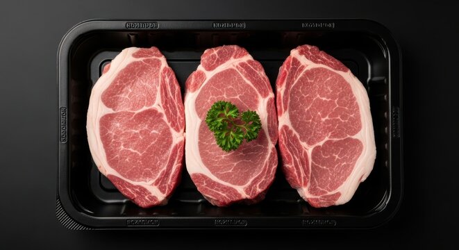 Three raw pork chops sit on a black tray with parsley garnish - Powered by Adobe