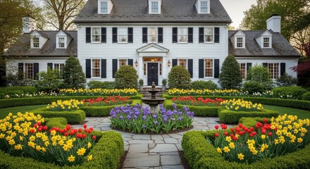 Obraz premium Elegant white house with stunning colorful flower garden and fountain, perfect for real estate, luxury lifestyle, and home decor