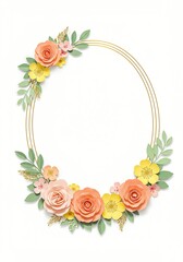 Golden oval frame adorned with peach, yellow, and pink paper flowers and green leaves on a white background, perfect for invitations.