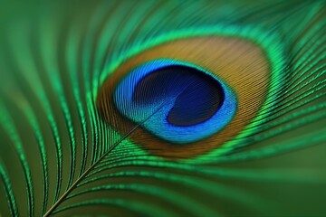 Obraz premium Iridescent Peacock Feather Close-Up with Vibrant Colors and Detailed Patterns for Nature and Design Inspiration in Stock Photography