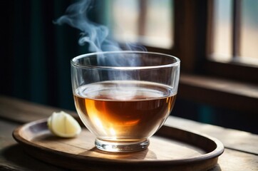 Fototapeta premium Transparent Glass Teacup on Rustic Wooden Tray by Window