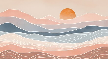 Creative minimalist modern paint and line art print. Abstract ocean wave and mountain contemporary aesthetic background