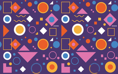 A vibrant geometric pattern with colorful shapes on violet background