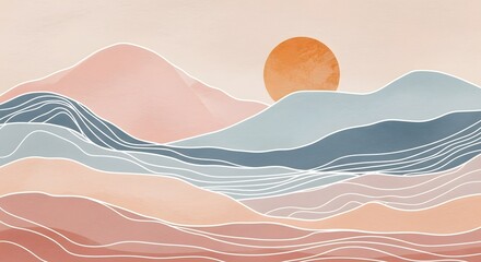 Creative minimalist modern paint and line art print. Abstract ocean wave and mountain contemporary aesthetic background