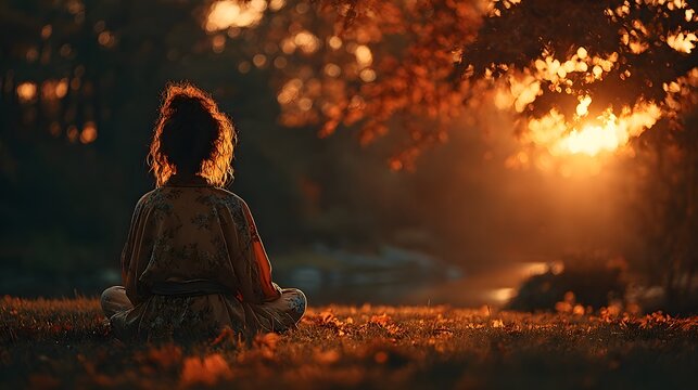 A woman sits in meditative posture outdoors at golden hour.