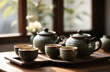 Obraz premium Traditional Korean Ceramic Tea Set in Morning Sunlight