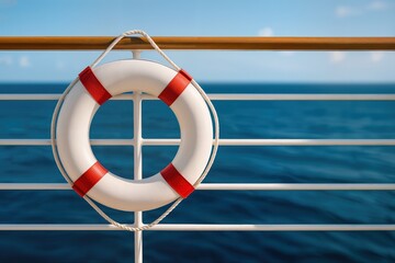 Life Preserver on a Ship Rail with Ocean View Under Clear Blue Sky Highlighting Safety and Travel