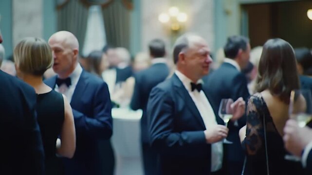 Elegant Adults Gather at Formal Gala Event With Warm Lighting And Teal Walls
